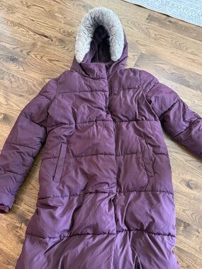 Rachel Parcell Plum Long Puffer Coat with Faux Fur Trimmed Hood Size Large